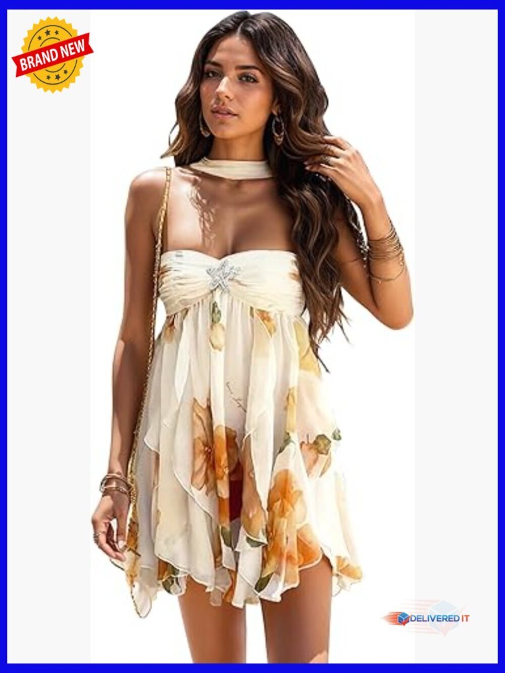 Women's Halter Backless Mini Dress Floral Ruffle Casual Vacation Sundress